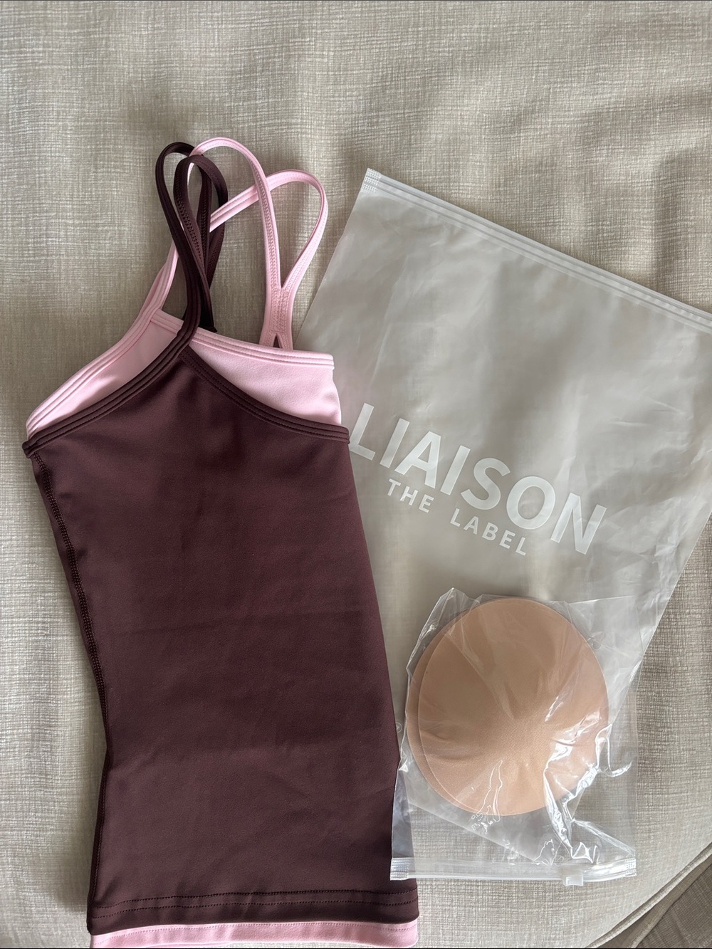Liaison double layer sporty tank mocha brown & soft pink